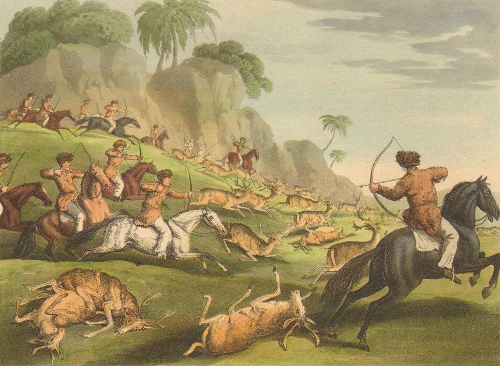 RUSSIA CENTRAL ASIA. Tartars Tatars hunting deer on horseback bows arrows 1814